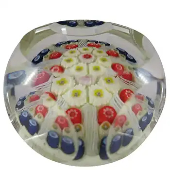 SIGNED 1977 Strathearn Millefiori Spoke Faceted Yellow Glass Paperweight (image for) SIGNED 1977 Strathearn Millefiori Spoke Faceted Yellow Glass Paperweight