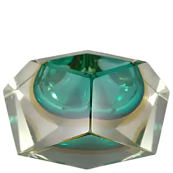 SIGNED LARGE Murano Faceted Green & Amber Sommerso Glass Bowl (image for) SIGNED LARGE Murano Faceted Green & Amber Sommerso Glass Bowl