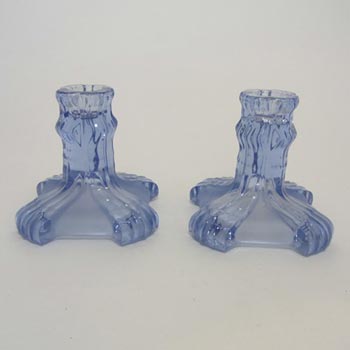 (image for) Stölzle #19743 Czech Pair of Art Deco 1930's Blue Glass Candlesticks