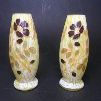 (image for) Pair of Welz Bohemian Lemon Yellow & White Spatter Glass Vases