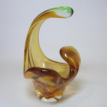 Mstisov/Moser Czech Amber & Green Glass Sculpture Bowl