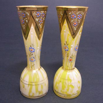 (image for) Pair of Welz Bohemian Lemon Yellow & White Spatter Glass Vases