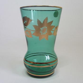 (image for) Borske Sklo 1950's Turquoise Glass + Gold Gilt Vase