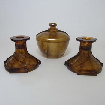 (image for) Davidson #330 Art Deco Amber Cloud Glass Candlesticks + Bowl