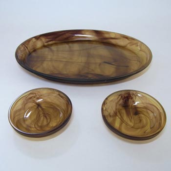 (image for) Davidson #326 Art Deco Amber Cloud Glass Trinket Tray + Bowls