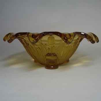 (image for) Sowerby Art Deco 1930s Amber Glass Frog + Bullrush Bowl