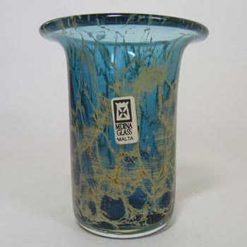 (image for) Mdina 'Blue Crizzle' Maltese Blue + Yellow Glass Vase - Labelled