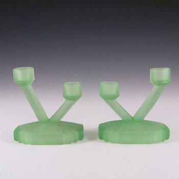 Bagley #3057 Art Deco Uranium Green Glass 'Bedford' Candlesticks