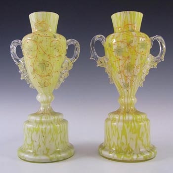 Pair of Welz Bohemian Lemon Yellow & White Spatter Glass Vases