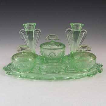 Bagley #3078 Art Deco Green Glass 'Rutland' Trinket Set