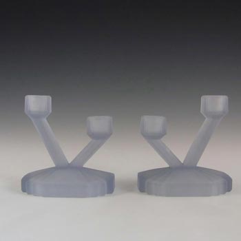 (image for) Bagley #3057 Art Deco Frosted Blue Glass 'Bedford' Candlesticks
