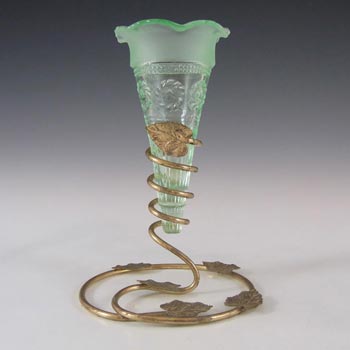 (image for) Bagley #3187 Art Deco 5.75" Green Glass & Metal 'Katherine' Vase