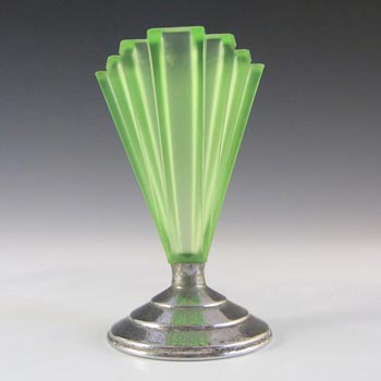 Bagley #334 Art Deco 4.5" Uranium Green Glass & Chrome 'Grantham' Vase