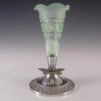 (image for) Bagley #3187 Art Deco 6" Green Glass & Metal 'Katherine' Vase