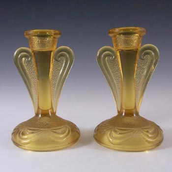 (image for) Bagley #3078 Art Deco Vintage Amber Glass 'Rutland' Candlesticks