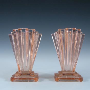 (image for) Bagley #334 Pair of Art Deco 4" Pink Glass 'Grantham' Vases