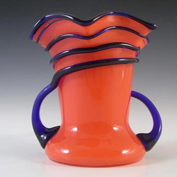 (image for) Czech Orangey Red Glass Tango Vase w Blue Trailing, Art Deco