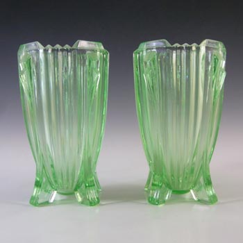 (image for) Bagley #3057 Pair of 5.75" Art Deco Uranium Green Glass Bedford Vases