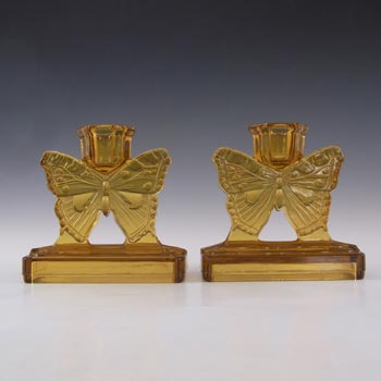 (image for) Bagley #3003 Art Deco Vintage Amber Glass 'Butterfly' Candlesticks