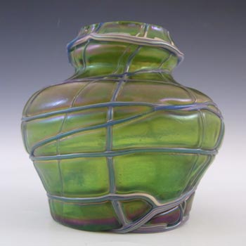 (image for) Kralik Art Nouveau Iridescent Green Threaded 1900's Glass Vase
