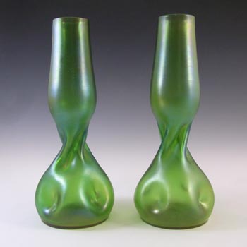 (image for) Welz Pair of Art Nouveau Iridescent Green Glass Antique Vases