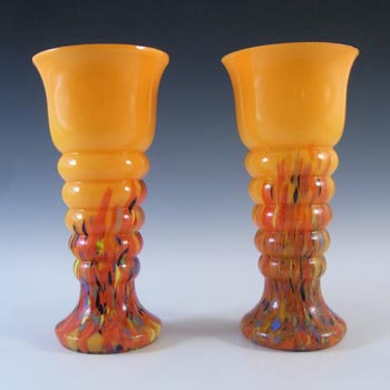 Pair of Czech 1930's Orange Spatter/Splatter Glass Vases