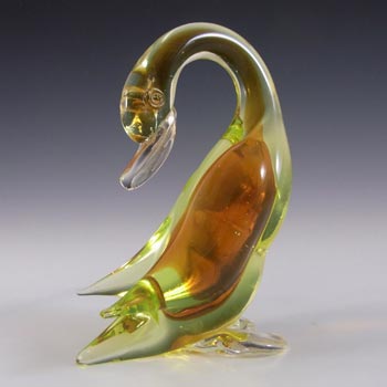 (image for) Murano Amber & Uranium Yellow Sommerso Glass Swan Figurine
