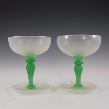 (image for) Stevens & Williams Pair of Alabaster Green Glass Champagne Glasses