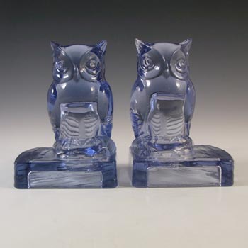 (image for) Bagley Art Deco Blue Glass Owl Bookends / Book Ends