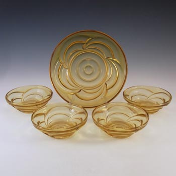 (image for) RARE Bagley Art Deco Amber Glass 'Osprey' Fruit Bowl Set #3153