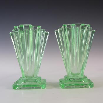 (image for) Bagley #334 Pair of Art Deco 4" Green Glass 'Grantham' Vases