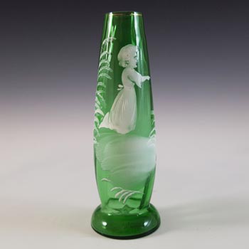Mary Gregory Victorian Hand Enamelled Green Glass Stem Vase