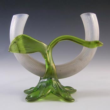 (image for) Kralik Art Nouveau Iridescent Glass Applied Leaf Twin Stem Vase