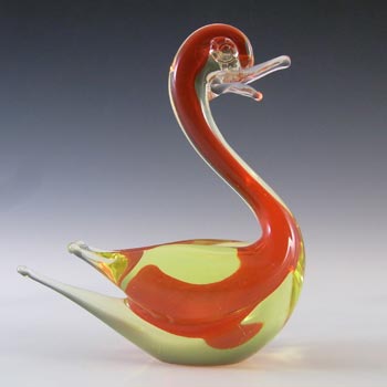 (image for) Galliano Ferro Murano Red & Uranium Yellow Sommerso Glass Swan