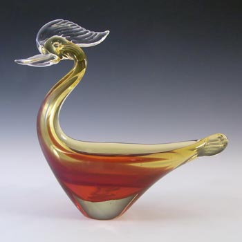 Murano Red & Amber Sommerso Glass Swan Sculpture Bowl