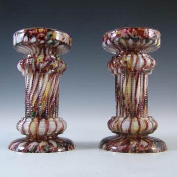 Pair of Welz Czech Honeycomb Spatter Glass Candlesticks