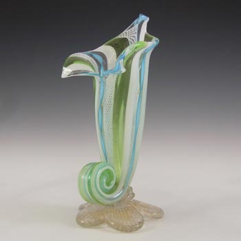 (image for) AVEM? Murano Zanfirico Blue, Green & White Glass Cornucopia Shell Vase