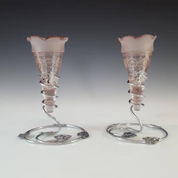 (image for) Bagley #3187 Pair of Art Deco Pink Glass & Chrome 'Katherine' Vases