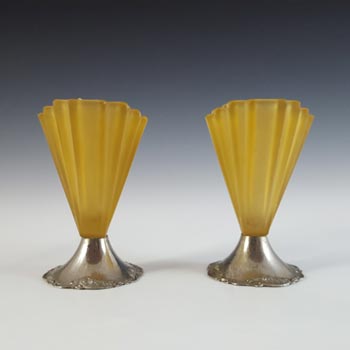 (image for) Bagley #334 Pair of Art Deco Amber Glass & Chrome 'Grantham' Vases