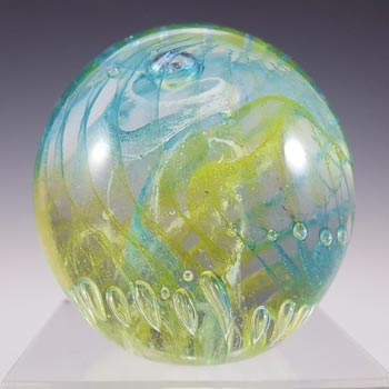 LABELLED Isle of Wight Studio Yellow & Blue Glass 3" Paperweight