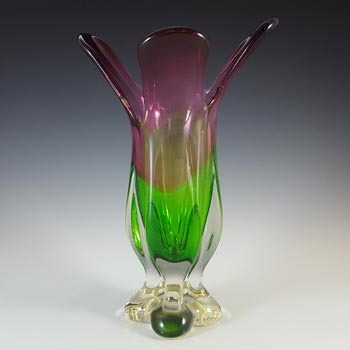 (image for) Chinese Pink & Green Glass Flower Shaped Vase, Large & Heavy