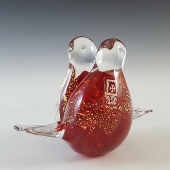 (image for) Mdina Maltese Red & Gold Leaf Glass Lovebirds Sculpture - SIGNED