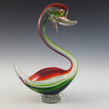 Murano Vintage Green & Red Venetian Glass Swan Figurine