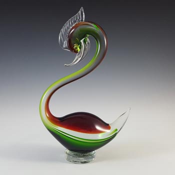Murano Retro Green & Red Sommerso Glass Swan Sculpture