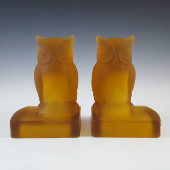 (image for) Bagley Art Deco Frosted Amber Glass Owl Bookends / Book Ends