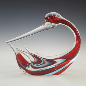 Ferro & Lazzarini Murano Red & Blue Sommerso Glass Swan