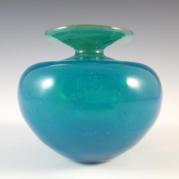 Mdina Bubbly Maltese Blue & Yellow Vintage Glass Squat Vase - Signed