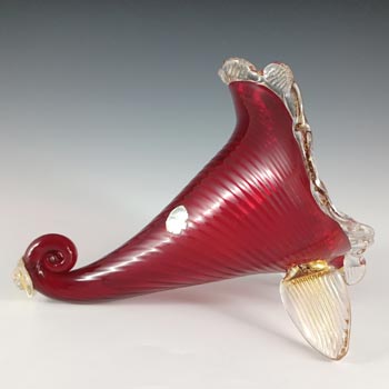 (image for) LABELLED AVEM Murano Red & Gold Leaf Glass Cornucopia Vase