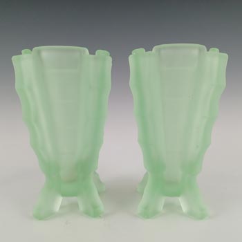 (image for) Bagley #3007 Art Deco Pair of Uranium Green Glass 'Bamboo' Vases