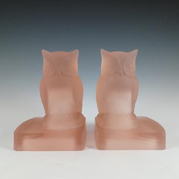 Bagley Art Deco Frosted Pink Glass Owl Bookends / Book Ends